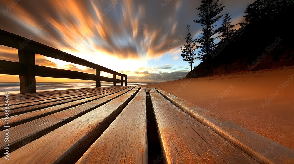 Obraz premium Serene Sunset Over Wooden Pier with Dramatic Clouds and Beach View