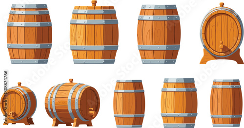 Wooden barrel cartoon illustration set, upright and side view, liquid storage icon, brewing container clipart, vintage tap 