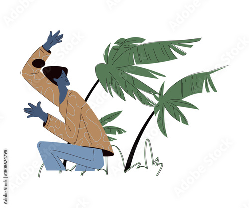 Scared Woman Character Run and Escape Afraid of Hurricane Vector Illustration