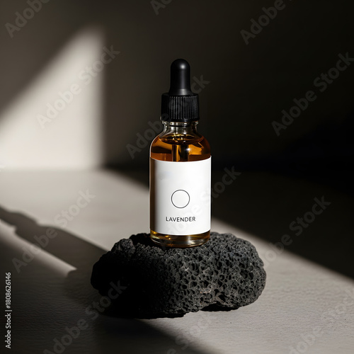 Elegant lavender essential oil dropper bottle on volcanic rock for spa and wellness