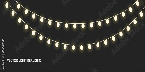 Vector glowing warm string lights on dark background for festive decoration and celebration.