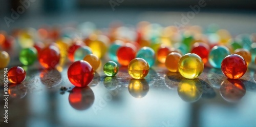 Marbles Floor in Natural Light Sunlit floor of colorful marbles, creating warm reflections and depth. A top down, seamless shot of a floor covered in vibrant, multi colored glass marbles. The scene is