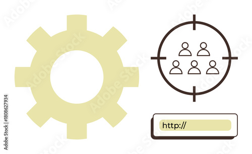 Gear, group in crosshairs, and URL bar represent audience targeting, process optimization, digital engagement. Ideal for marketing, SEO, business strategy, automation analytics user research