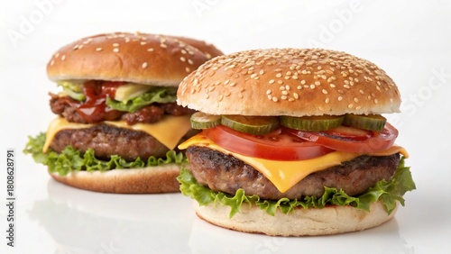 Juicy beef cheeseburger on a black background with fresh lettuce, tomato, and sesame bun, ready for a delicious fast-food lunch