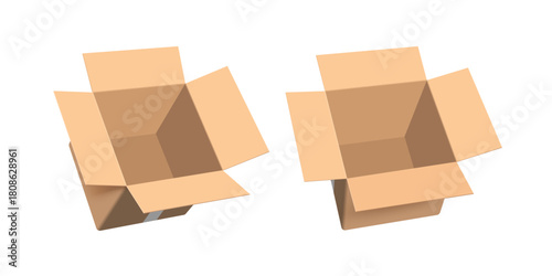 Two parcel boxes or cardboard boxes are opened to reveal empty contents, all arranged in perspective view on white background, vector 3d isolated for delivery, e commerce advertising design