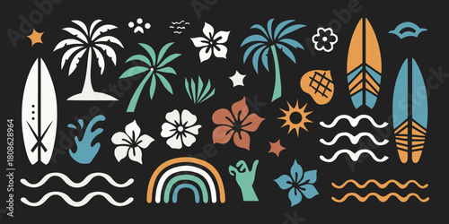 Tropical summer collection with palms surfboards flowers and waves on black