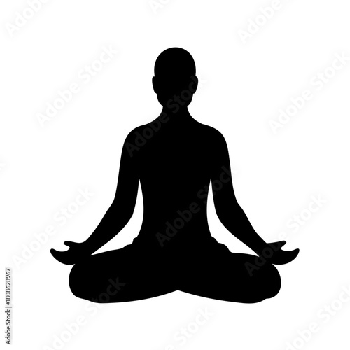 Silhouette of person meditating in lotus position against a white background