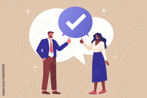 Business professionals agreeing with a check mark in a speech bubble