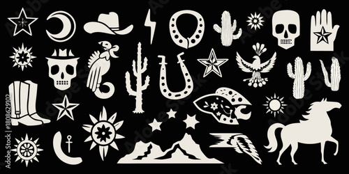 Western icon collection vintage cowboy and desert elements on black background