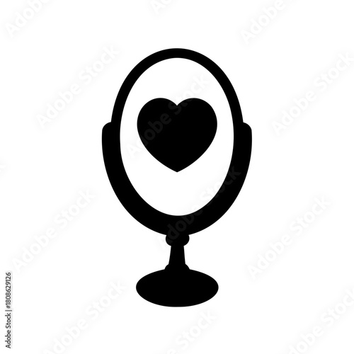 A black silhouette of a mirror reflecting a heart, symbolizing self love