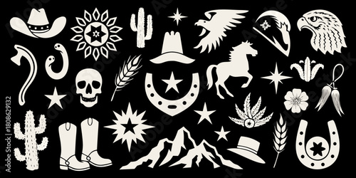 Monochrome wild west icon set with cowboy and desert elements