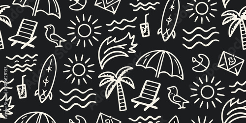 Hand drawn summer beach doodle pattern on black background