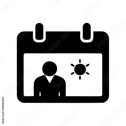 Black calendar icon with person silhouette and sun symbol inside frame