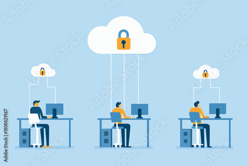 Secure cloud computing network with people working on computers illustration