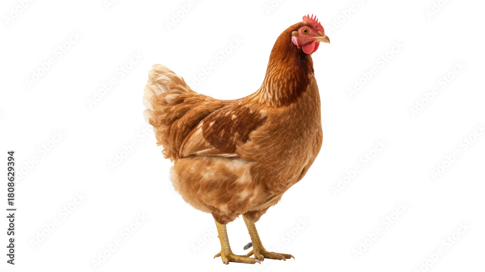Fototapeta premium A vibrant brown domestic chicken, with a prominent red comb and wattle, stands gracefully against a solid green backdrop. background removed