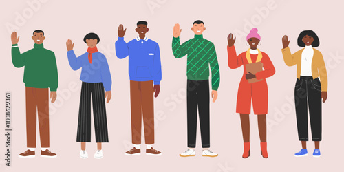 Diverse group of people waving hello standing together in casual clothes