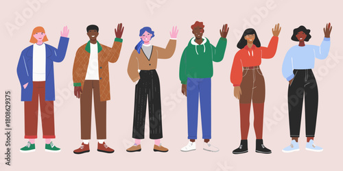Diverse group of people waving hello wearing casual clothing and smiling