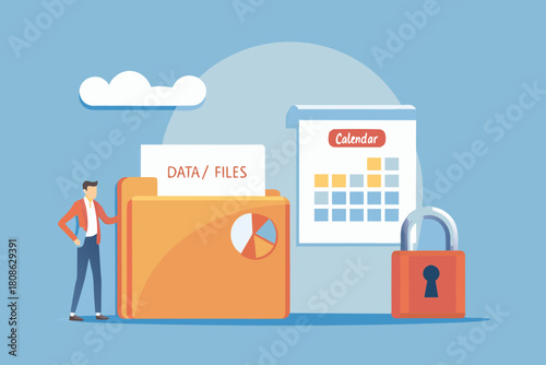 Data security and management with calendar and cloud storage illustration