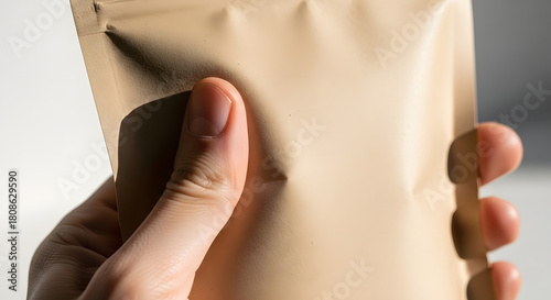 Hand holds modern beige package with seal for coffee, tea, or snack display mockup