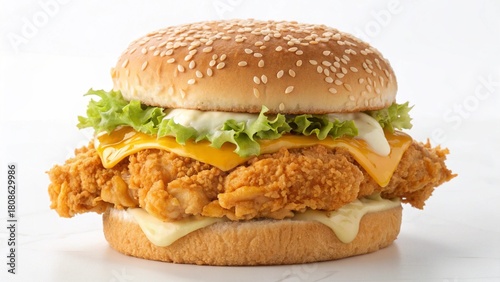 A classic cheeseburger fast food meal with beef, lettuce, tomato, and sesame bun, served with french fries on a white plate