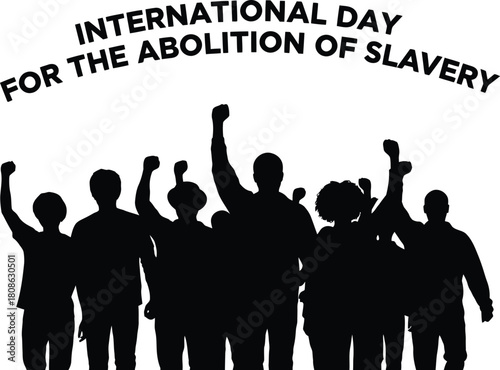 Silhouettes of people raising fists for the International Day for the Abolition of Slavery