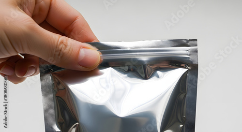 Hand holding resealable blank silver foil bag mockup for product packaging design