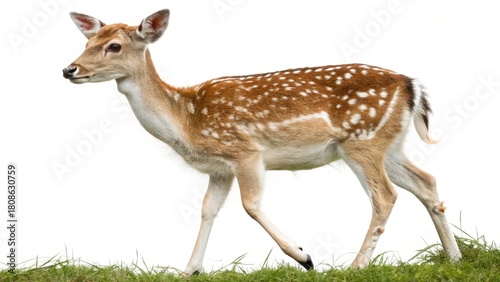 Isolated spotted roe deer fawn on white background, a young wild mammal of the forest