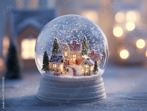 Cozy Christmas snow globe with glowing village inside