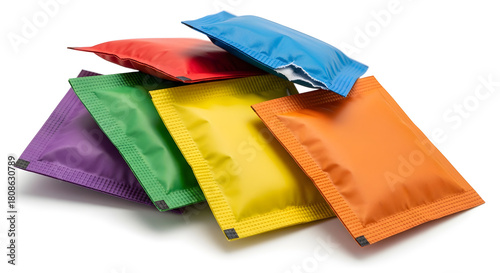 Vibrant rainbow of colorful powder packets, perfect for Holi festival celebrations