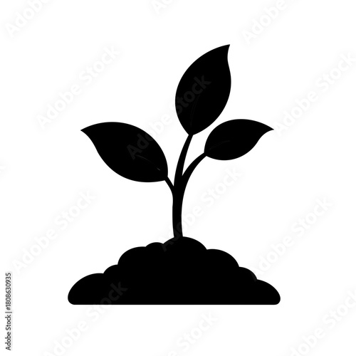Isolated black silhouette of a young plant sprouting in the ground, simple icon