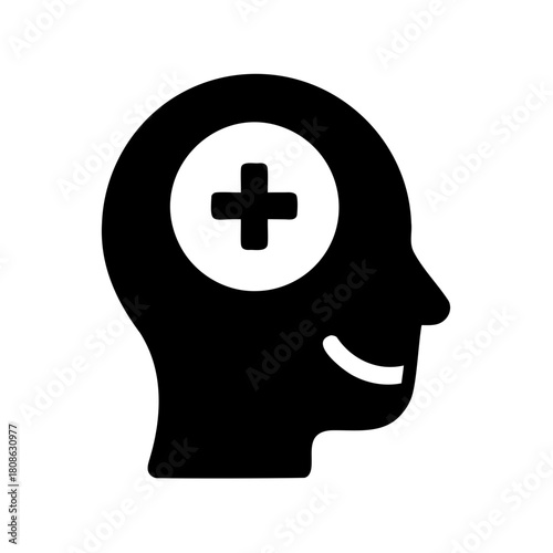 Mental wellbeing health symbol represented as a human head with a plus sign
