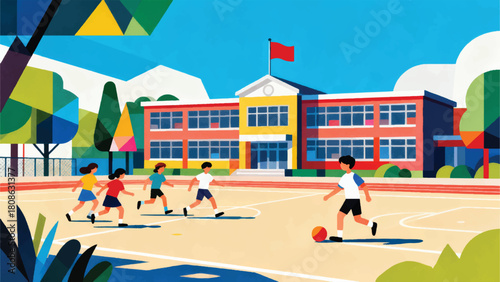 Illustration Of Students Playing In The School Yard With A Background Of Buildings And Flags Vector Design Template