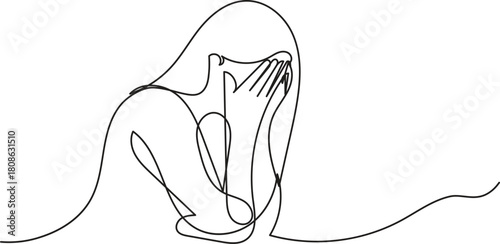  Depressed girl one line art vector