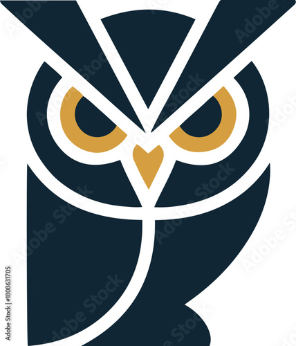 Stylized abstract owl logo graphic design featuring dark blue and gold elements for wisdom and intelligence