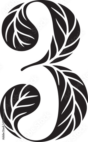 Number three stylized with intricate black leaf patterns, elegant nature-inspired botanical design element isolated