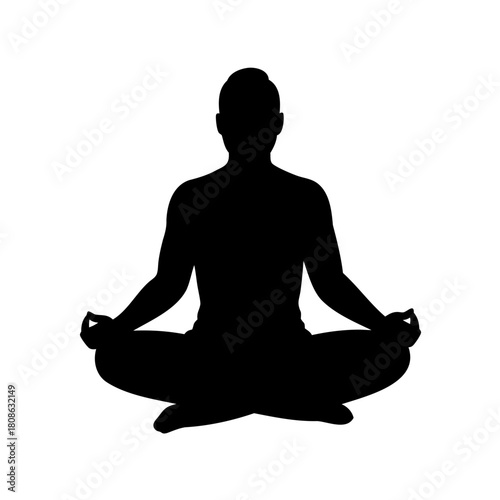 Silhouette of a man meditating in lotus position on a white background