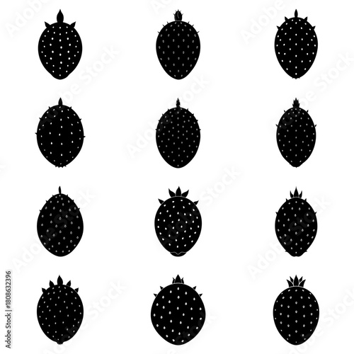 Collection of twelve stylized black cactus pads with varying shapes and prickly textures on a white background