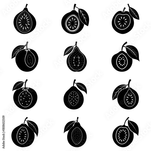 Collection of stylized black and white guava fruit halves with leaves in various arrangements and orientations