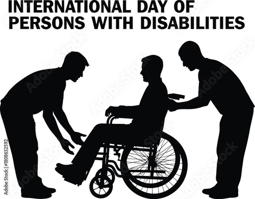 Silhouette illustration of the International Day of Persons with Disabilities two people helping a person in a wheelchair
