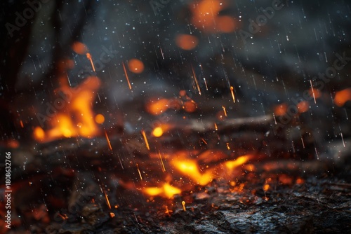 Flames extinguished by rain during a sudden storm in a forested area, showcasing the contrast between fire and water in a natural setting