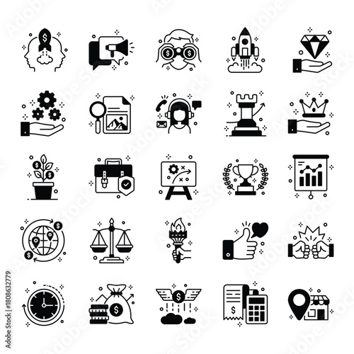 minimal business and productivity icon set featuring strategy, growth, finance, creativity and leadership concepts. perfect for apps, presentations, dashboards and startup branding. modern outline sty