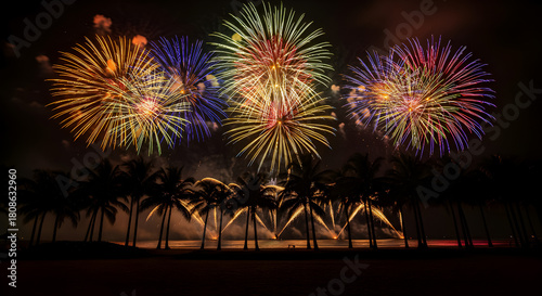 A spectacular display of colorful fireworks exploding over a tropical beach scene at night.