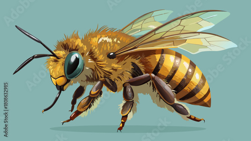 Photorealistic macro shot of a honeybee in flight, showing fine wing transparency and detailed fuzzy body texture under soft natural light