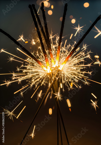 Close-up, vertical shot of a bundle of lit sparklers exploding outward in bright, golden light trails.