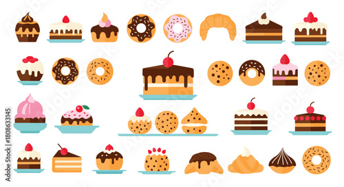 A collection of various sweet pastries and baked goods, including cakes, donuts, and cookies.