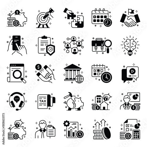 modern business and finance icon set featuring planning, strategy, banking, tax, investment and corporate workflow visuals. clean outline style perfect for apps, dashboards, presentations and reports.