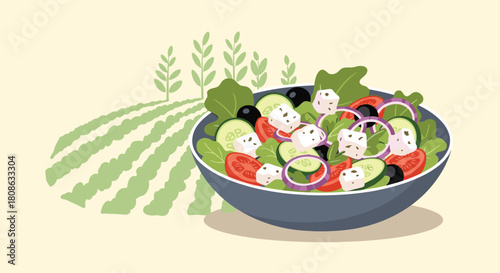 Fresh Greek salad in a bowl with feta cheese, olives, tomatoes, and cucumbers on a farm background.