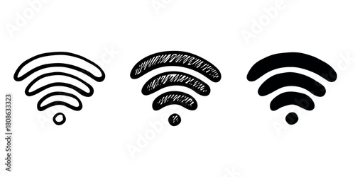Set of hand drawn free wifi spot zone sign Public wi-fi area sign Wireless internet clipart in doodle style Single element for print, web, design, decor 3G, 4G, 5G, 6G, IoT