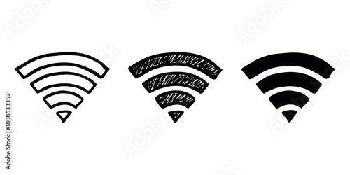 Set of hand drawn free wifi spot zone sign Public wi-fi area sign Wireless internet clipart in doodle style Single element for print, web, design, decor 3G, 4G, 5G, 6G, IoT