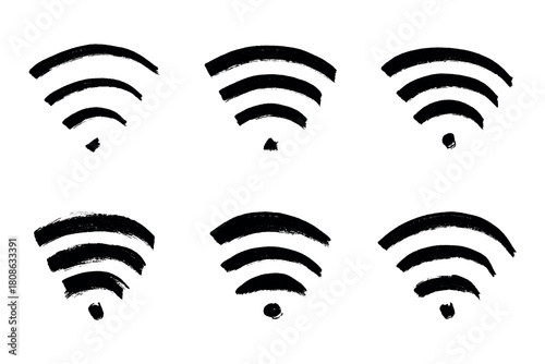 Set of hand drawn free wifi spot zone sign Public wi-fi area sign Wireless internet clipart in doodle style Single element for print, web, design, decor 3G, 4G, 5G, 6G, IoT